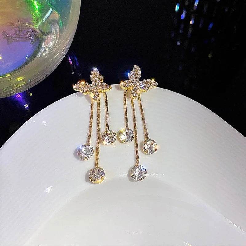 Fashion Jewelry Shiny Butterfly Rhinestone Drop Dangle Earrings Women Elegant Long Pearl Tassel Chain Pendant Party Jewelry - Velora