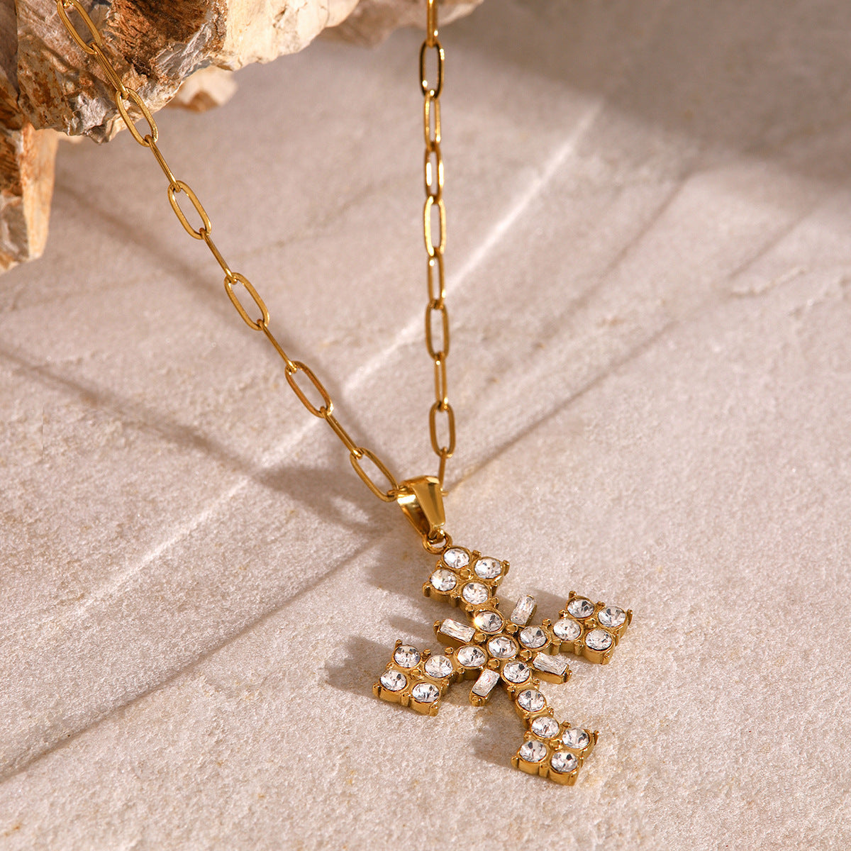 18k Gold-Plated Crystal Cross Necklace with Paperclip Chain – Waterproof, Hypoallergenic Jewelry for Women - Velora