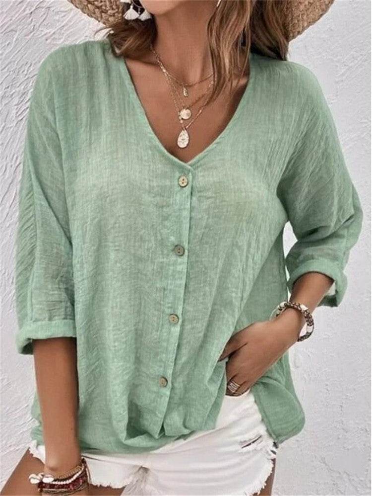 V-neck Long-sleeved T-shirt Fashion Solid Color Button Top Casual Loose Clothing For Women - Velora