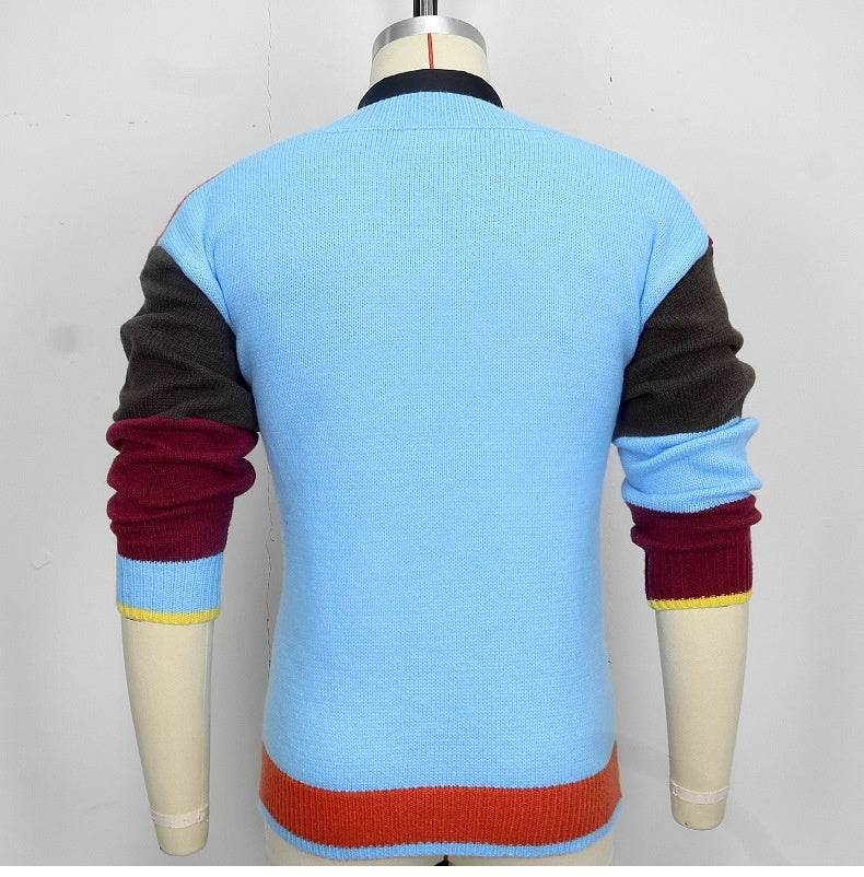 Fashion Youth Men's Knitwear V-neck Color-block Long Sleeve Pullover - Velora
