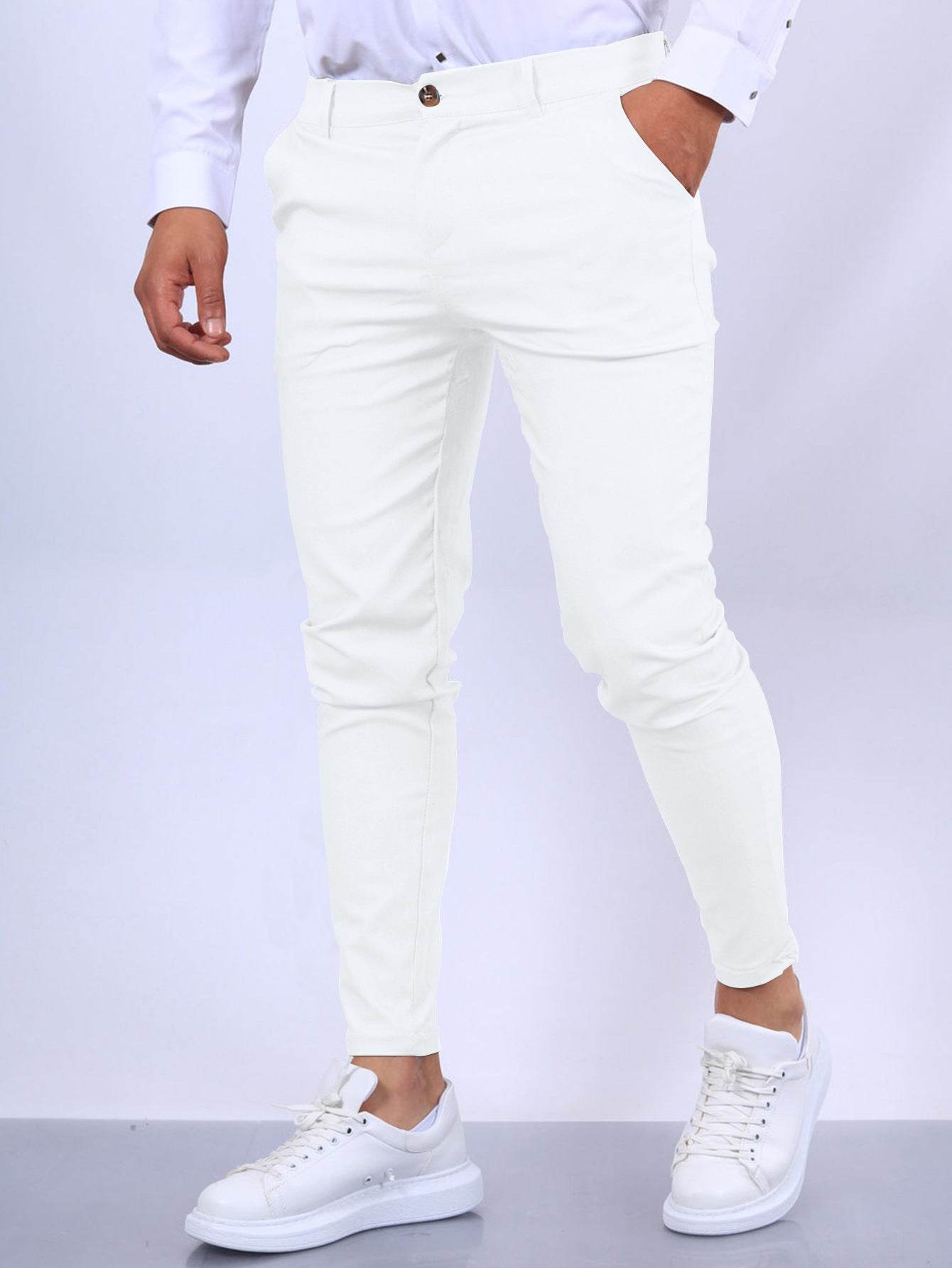 Men's Slim Button Trousers Fashion Solid Office Versatile Long Pencil Pants - Velora