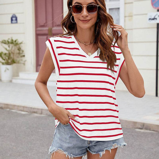 Fashion Stripe Print V-neck Short-sleeved T-Shirt Summer Loose Tank Top Womens Clothing - Velora