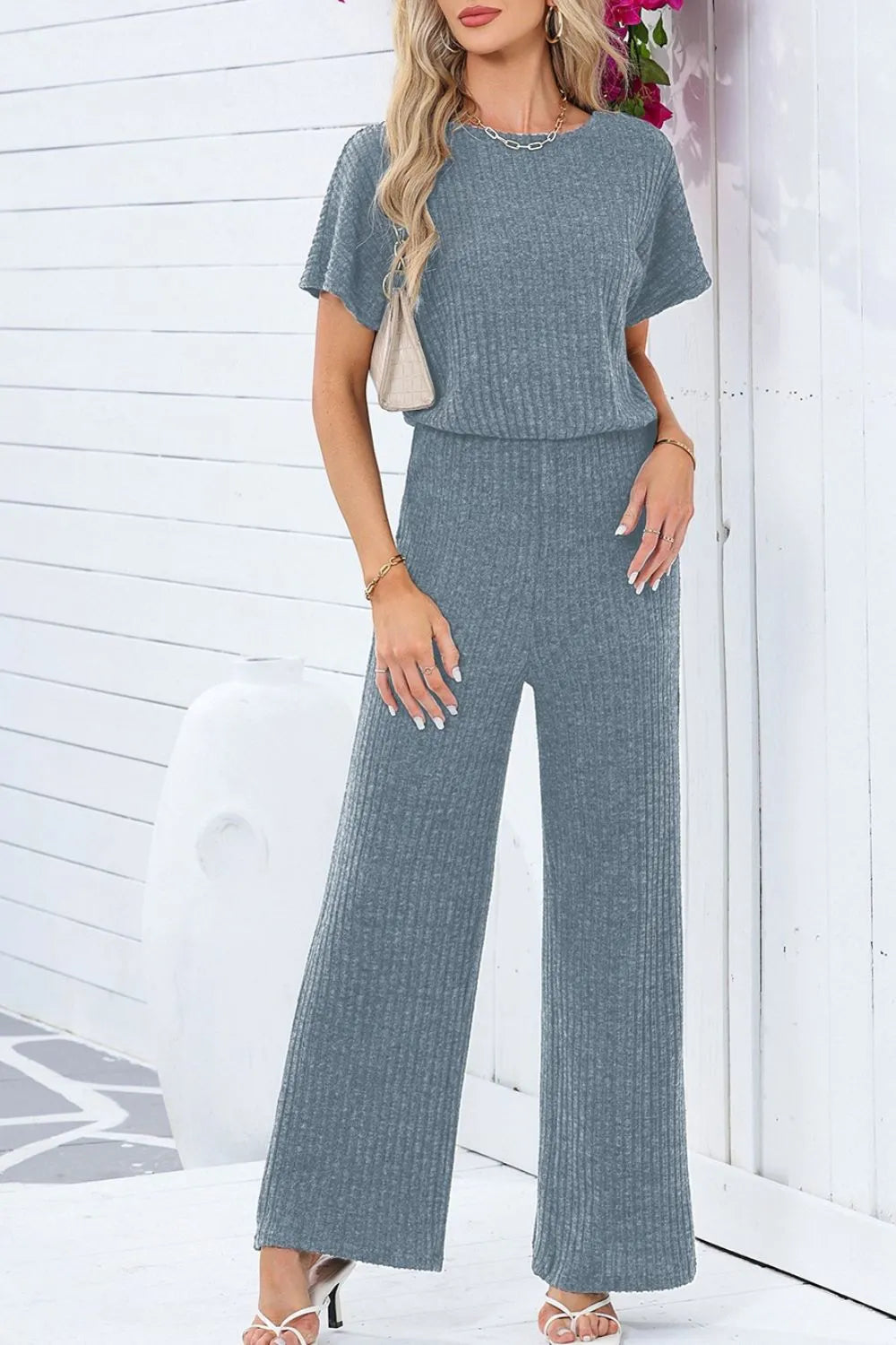 Ribbed Short Sleeve Wide Leg Jumpsuit - Velora