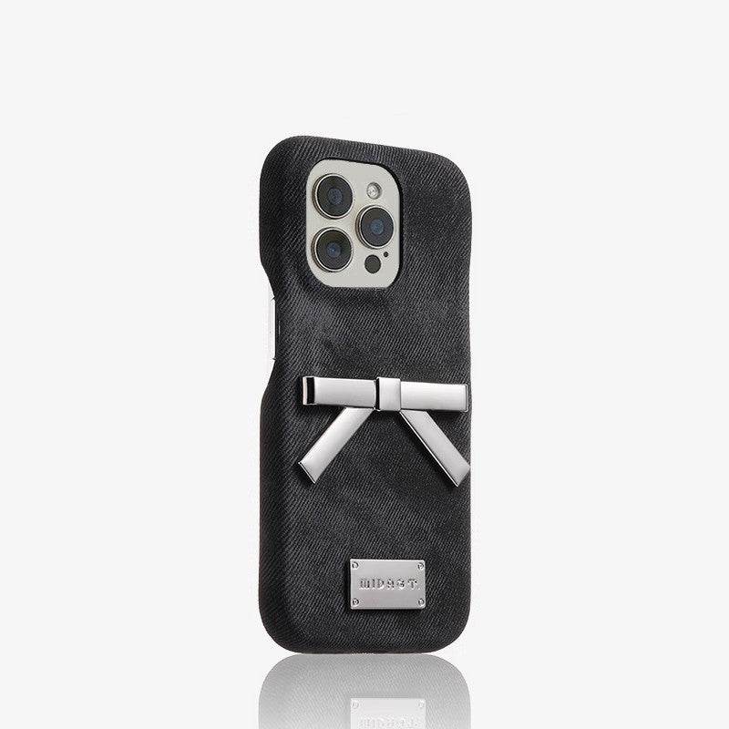 White Denim Metal Bow Anti Drop Silicone Phone Case - Velora