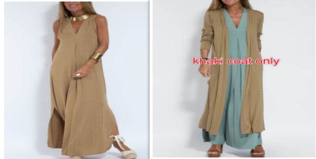 New Solid Color V-neck Sleeveless Dress Long Cardigan Jacket Suit For Women - Velora