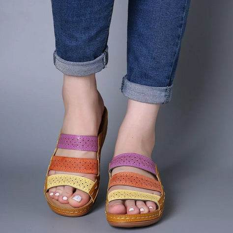 Large Size Women Hollow Out Rainbow Stitching Slippers - Velora