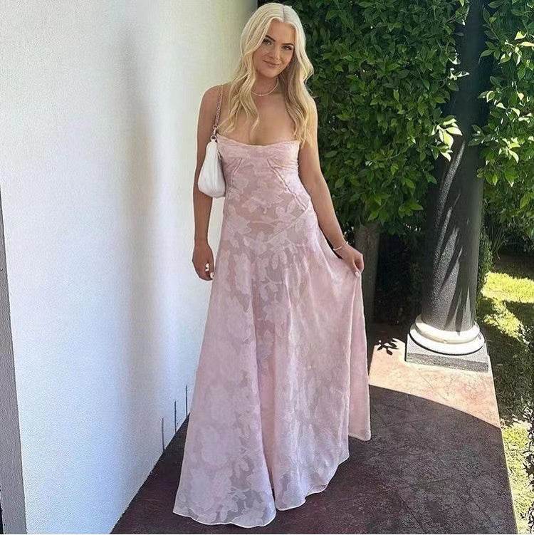 Sexy Flowers Lace Suspender Dress Summer Fashion Slim Back Lace-up Long Dresses Party Evening Club Clothing For Women - Velora