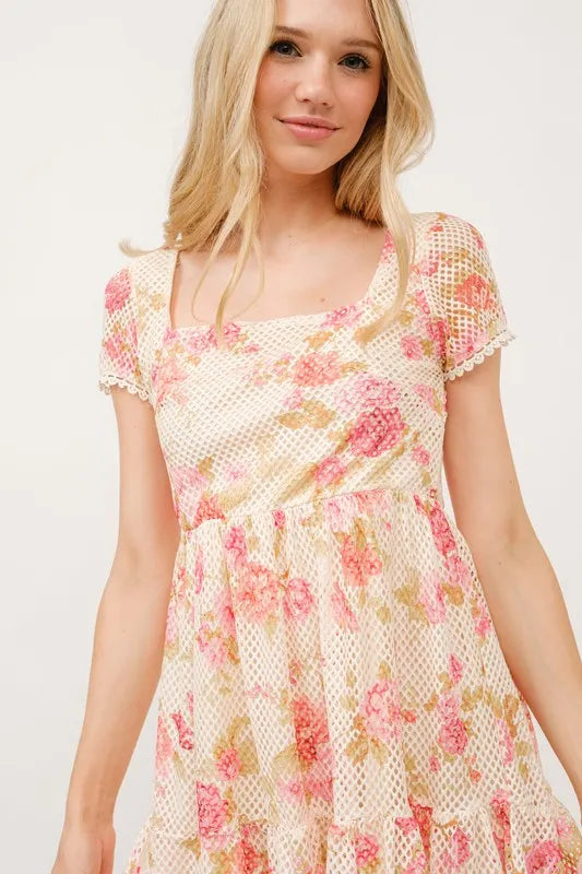 And The Why Square Neck Tiered Floral Fishnet Dress - Velora