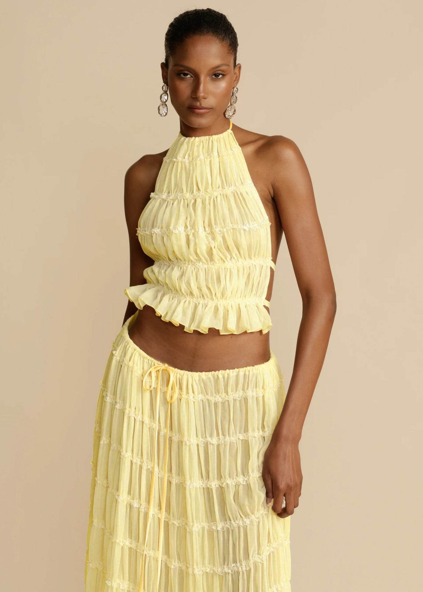 2pcs Women's Dress Suit Sexy Sleeveless Backless Cropped Halter Top And Pleated Long Dress - Velora