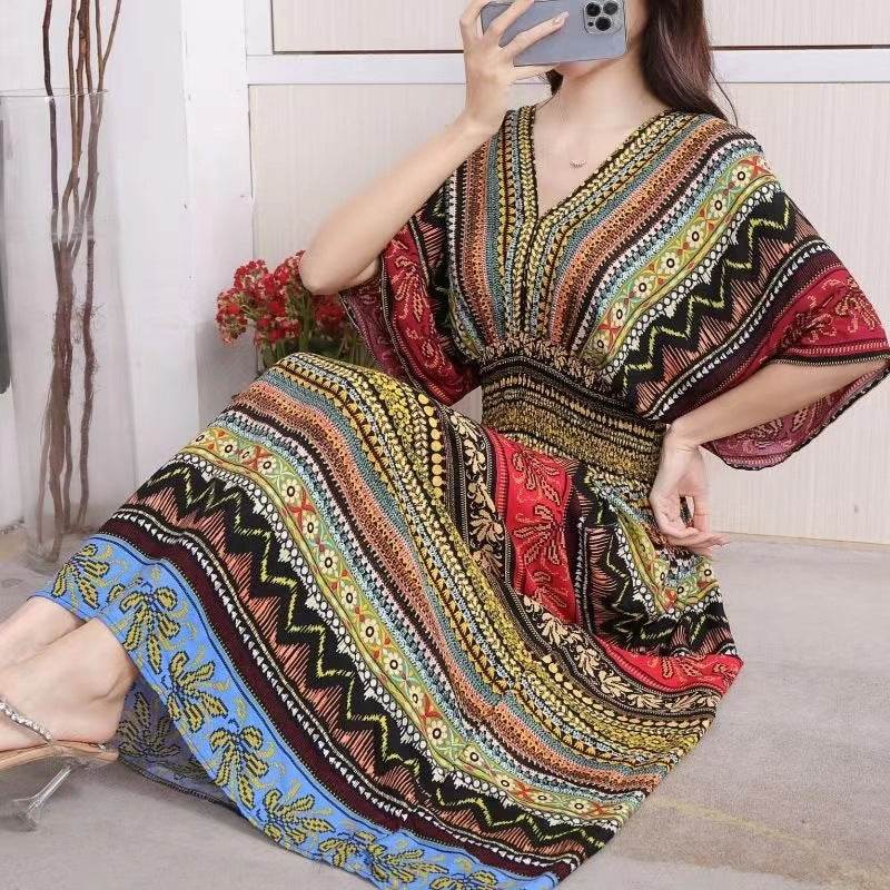 Cotton Silk Floral Dress Women's Summer Ethnic Style V-neck Short Sleeve Pastoral Style Skirt - Velora