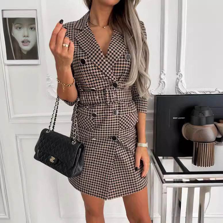 Fashion Printing Plaid mini Blazer Dress Women - Velora