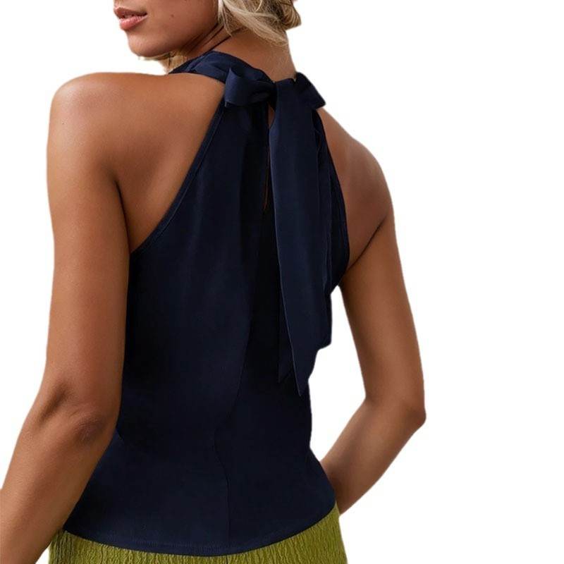 Women Solid Color Swing Collar Sleeveless Vest Trendy Elegant Shirt With Halter Neckline Backless Short Sleeve Tops Tshirts - Velora