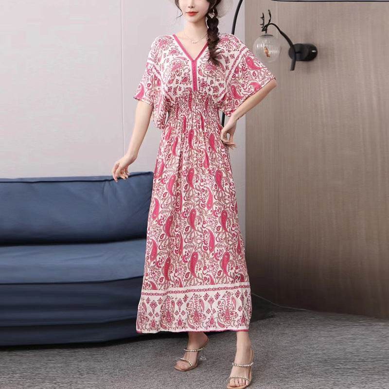 Cotton Silk Floral Dress Women's Summer Ethnic Style V-neck Short Sleeve Pastoral Style Skirt - Velora