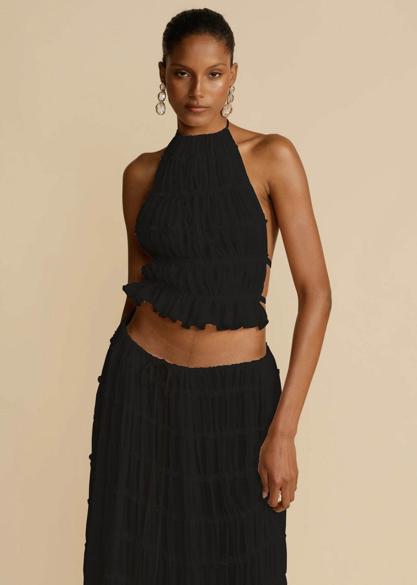 2pcs Women's Dress Suit Sexy Sleeveless Backless Cropped Halter Top And Pleated Long Dress - Velora