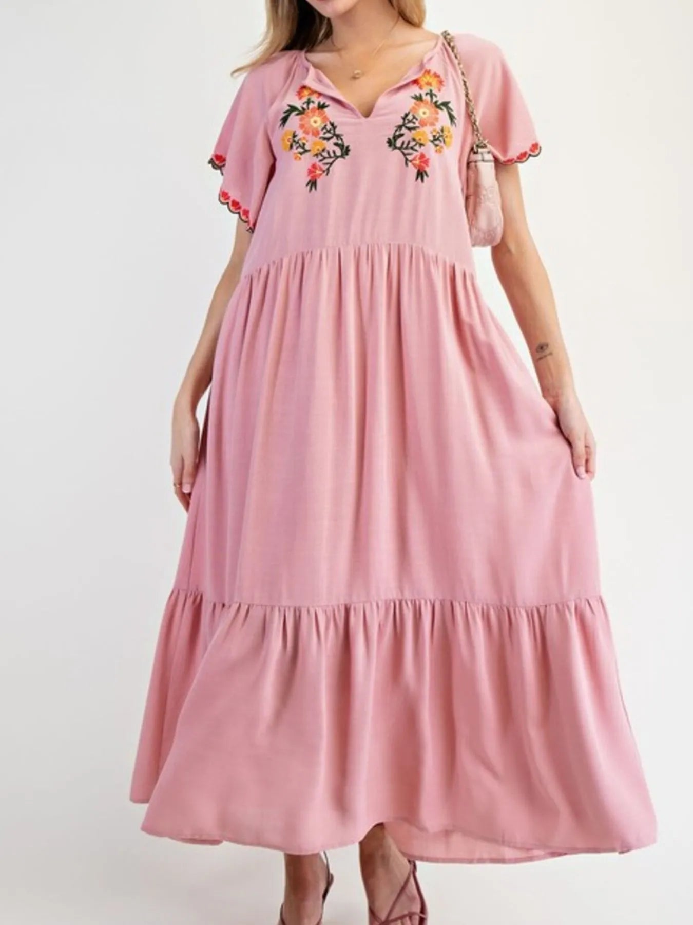Floral Notched Flutter Sleeve Dress - Velora