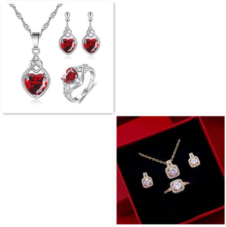 Fashion Jewelry Set Zircon Gem Pendant Chain Choker Necklace For Women Gold Color Stud Earring Statement Wedding Ring - Velora