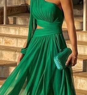 Spring And Summer Solid Color One Shoulder Midriff Outfit Elegant Slim Long Dress - Velora