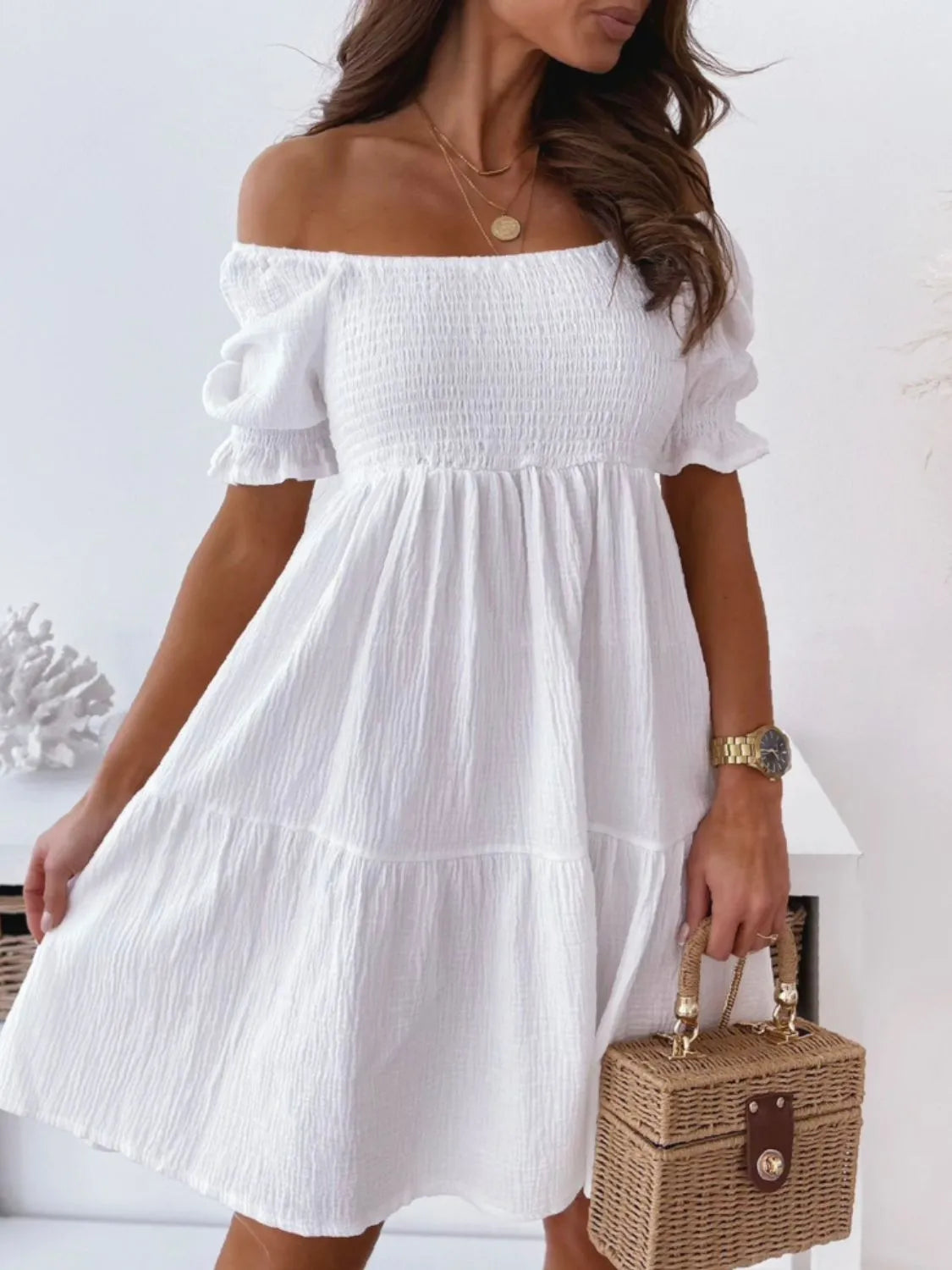Smocked Off-Shoulder Mini Dress - Velora