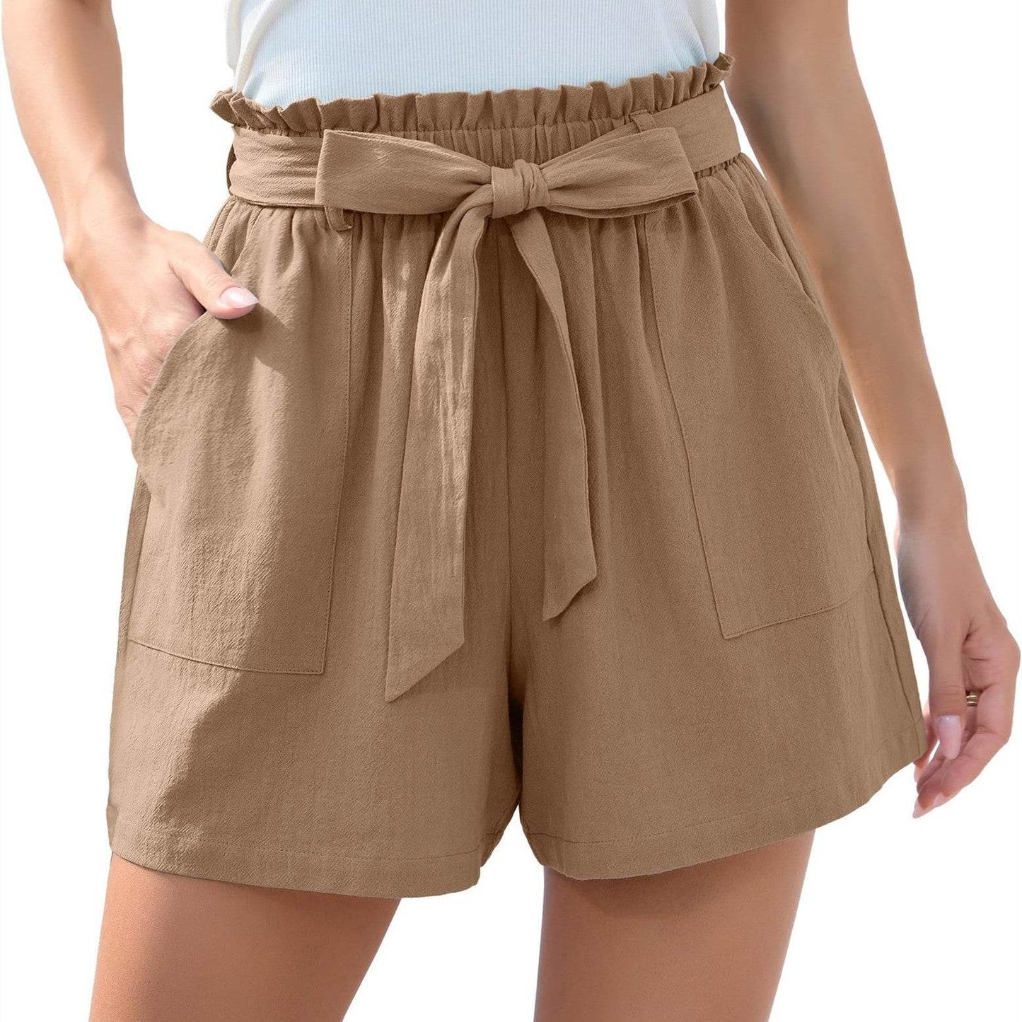 Fashion Ruffle Bow Waist Tie Shorts Summer Beach Pants With Pockets Womens Clothing - Velora
