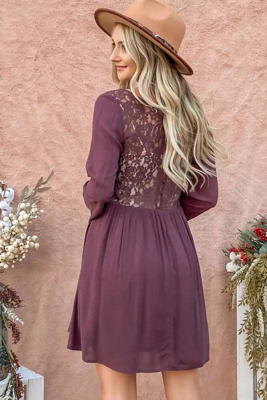 And The Why Back Lace Button Down Detail Bell Sleeve Dress - Velora