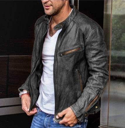 Fall Winter Men PU Leather Stand Collar Punk - Velora