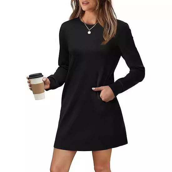 Back Fold Pocket Long Sleeve Sweater Dress - Velora