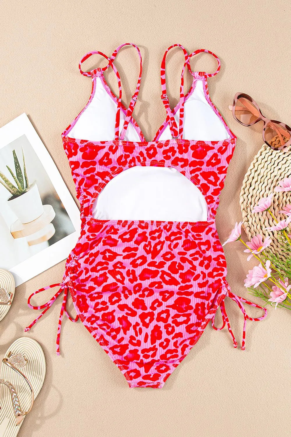 Leopard Cutout Ribbed Side Drawstring One-Piece Swimsuit - Velora