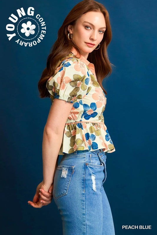 Umgee Floral Print Puff Sleeve Cropped Blouse - Velora