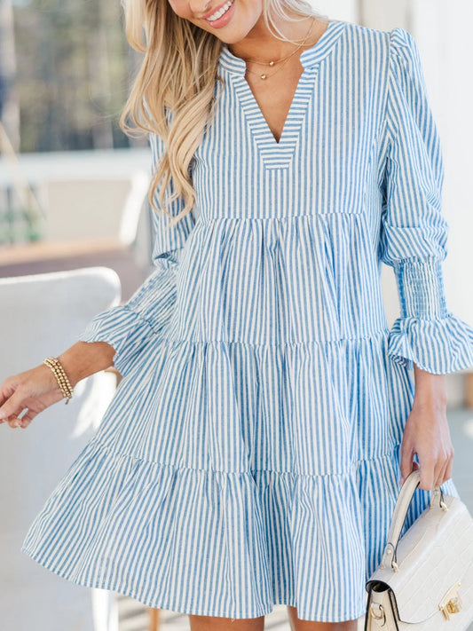 Striped Tiered Flounce Sleeve Shirt Dress - Velora
