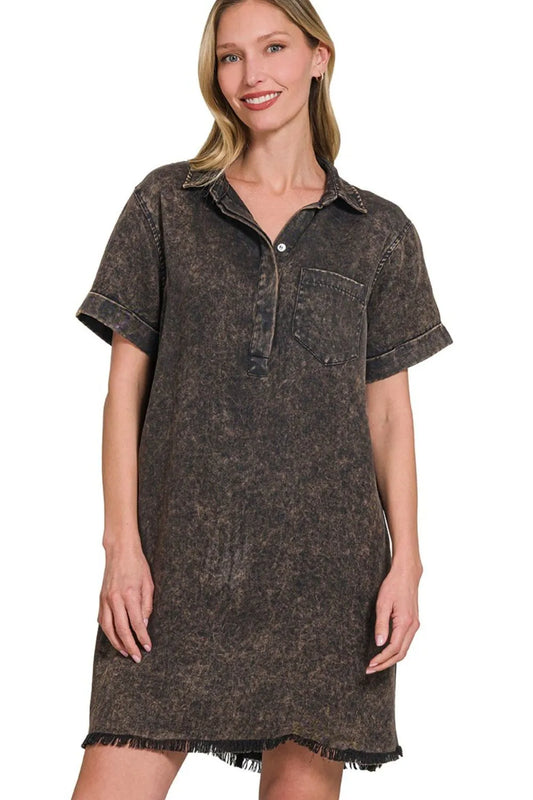 Zenana Tencel Mineral Washed Collared Shirts Dress - Velora