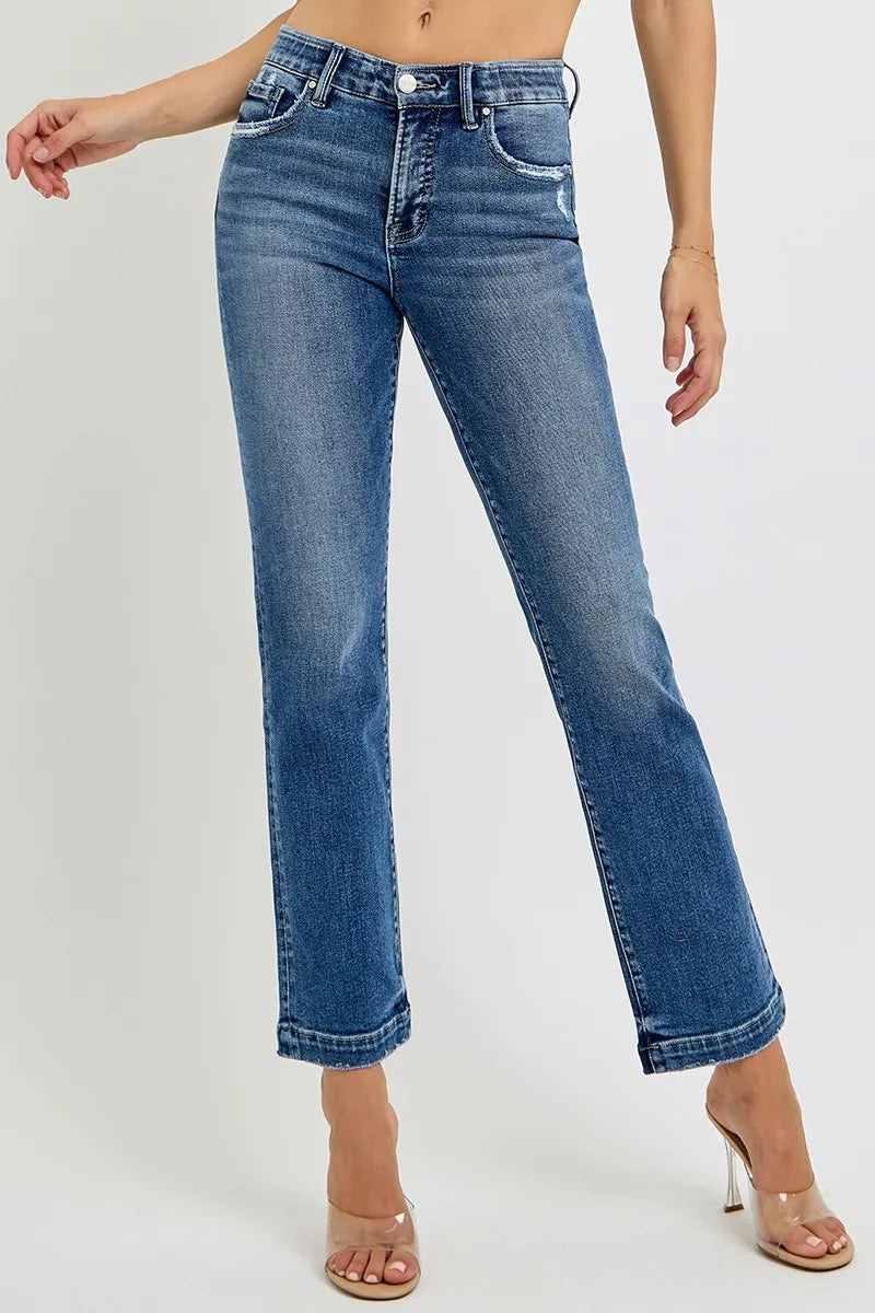 RISEN Full Size Tummy Control Elastic Band Mid Rise Straight Jeans Plus Size - Velora
