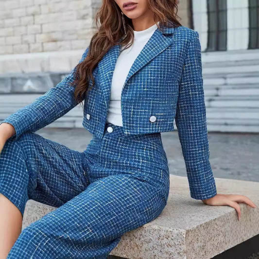Women's Lapel Double Button Blazer And Wide Leg Pants - Velora