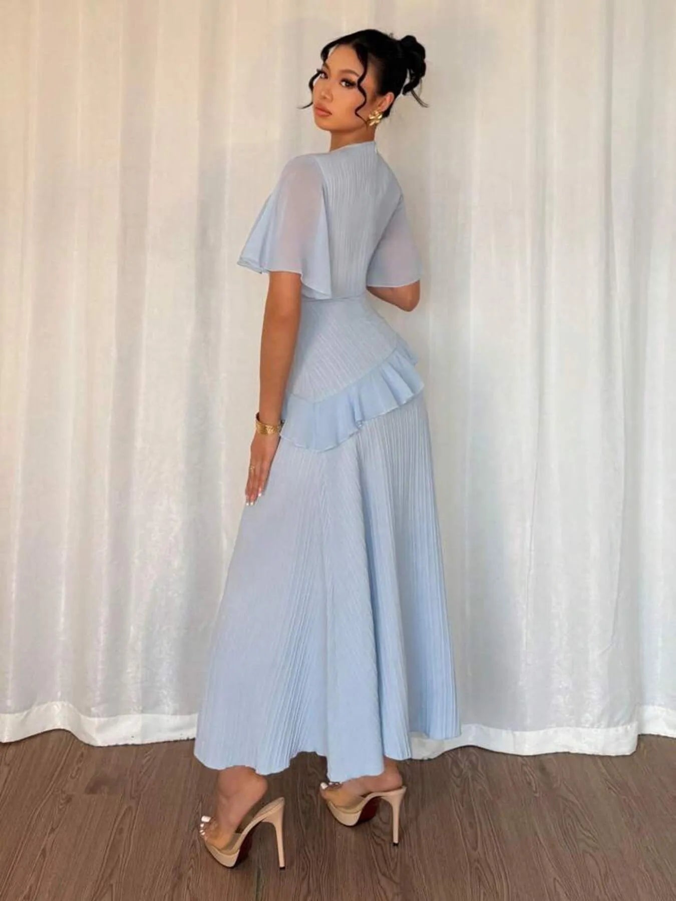 Ruffled Round Neck Flutter Sleeve Dress - Velora
