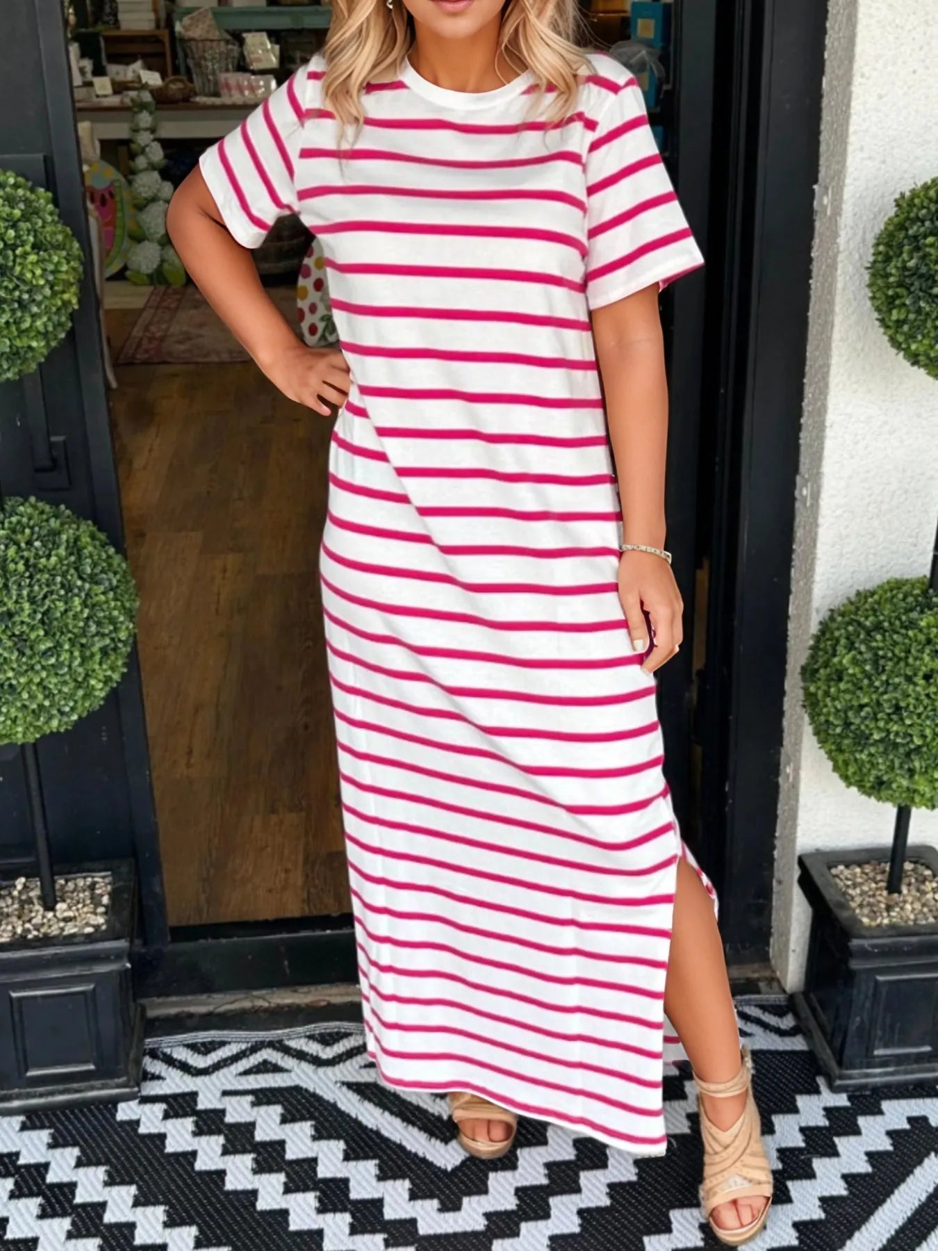 Full Size Striped T-Shirt Maxi Dress with Side Slit Plus Size - Velora