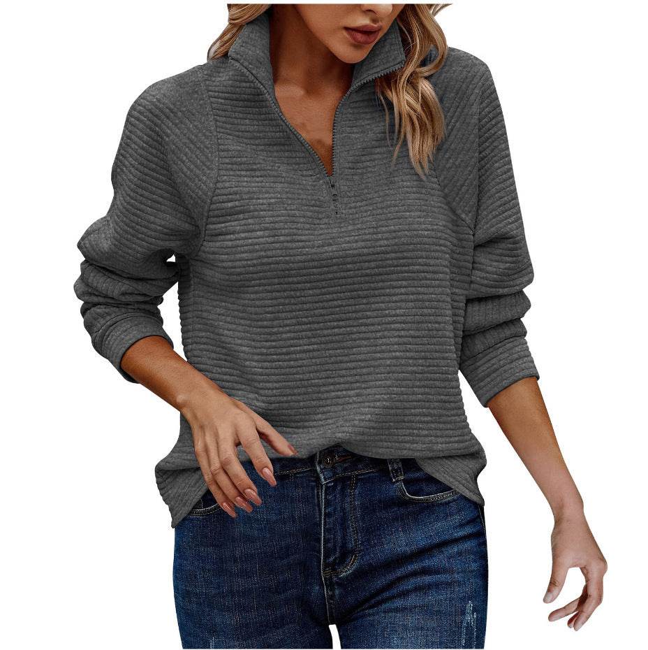 Zipper Stand Collar Pullover Sweatshirt Fashion Solid Striped Long Sleeve Top Spring And Autumn Women's Clothing - Velora