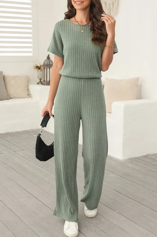 Ribbed Short Sleeve Wide Leg Jumpsuit - Velora