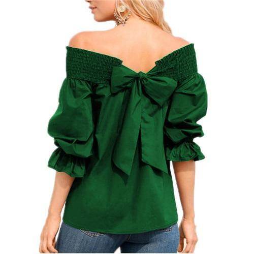 Spring Summer Women Off Shoulder Strapless Blouse top Bowknot Slash Neck Casual Loose Plus Size top - Velora
