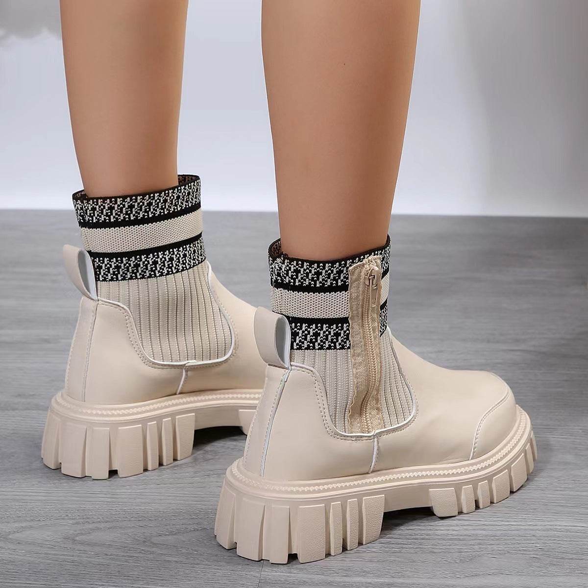 Fashion Mid-tube Boots With Zipper Design Non-slip Thick Sole Elastic Knitted Patchwork Boots For Women Round Toe Shoes Winter - Velora