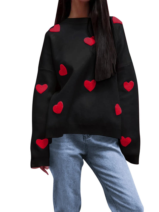 Heart Round Neck Long Sleeve Sweater - Velora