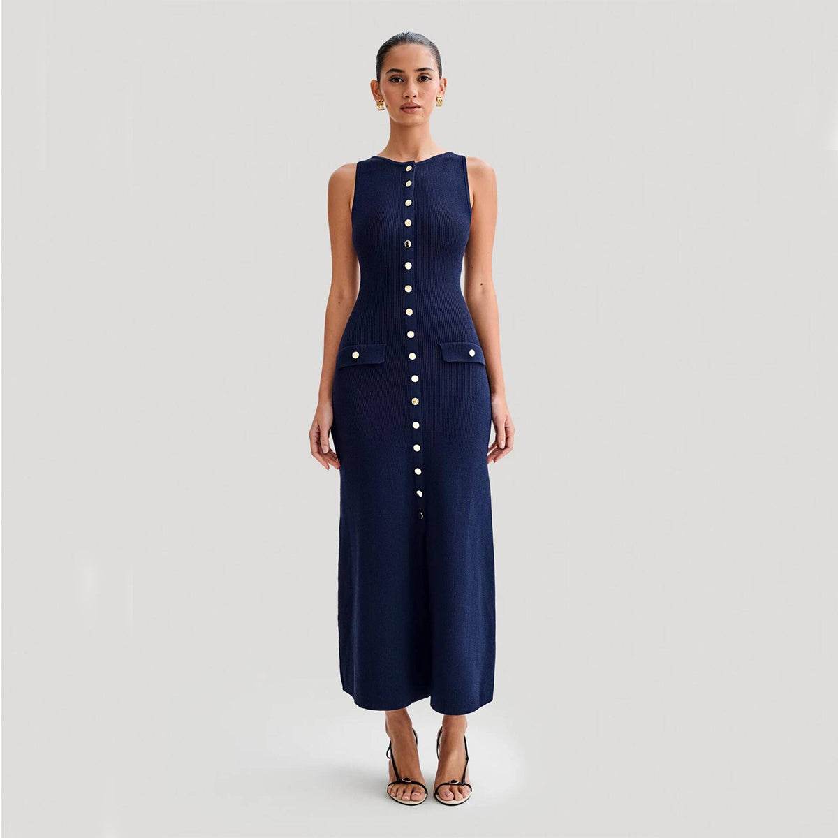 Elegant Knitted Sleeveless Dress With Single Breast Fashion Slim Round Neck Long Dresses Womens Clothing - Velora