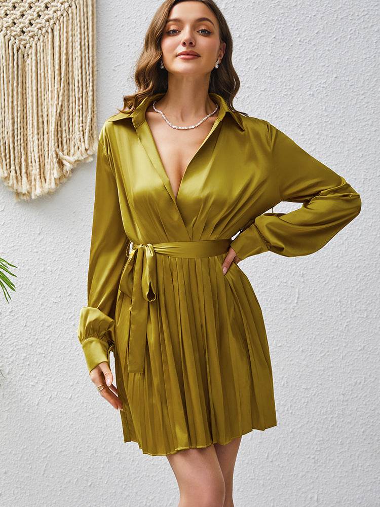 Design Sense Lace-up Long Sleeve Pleated Dress Solid Color Wrap V-neck - Velora