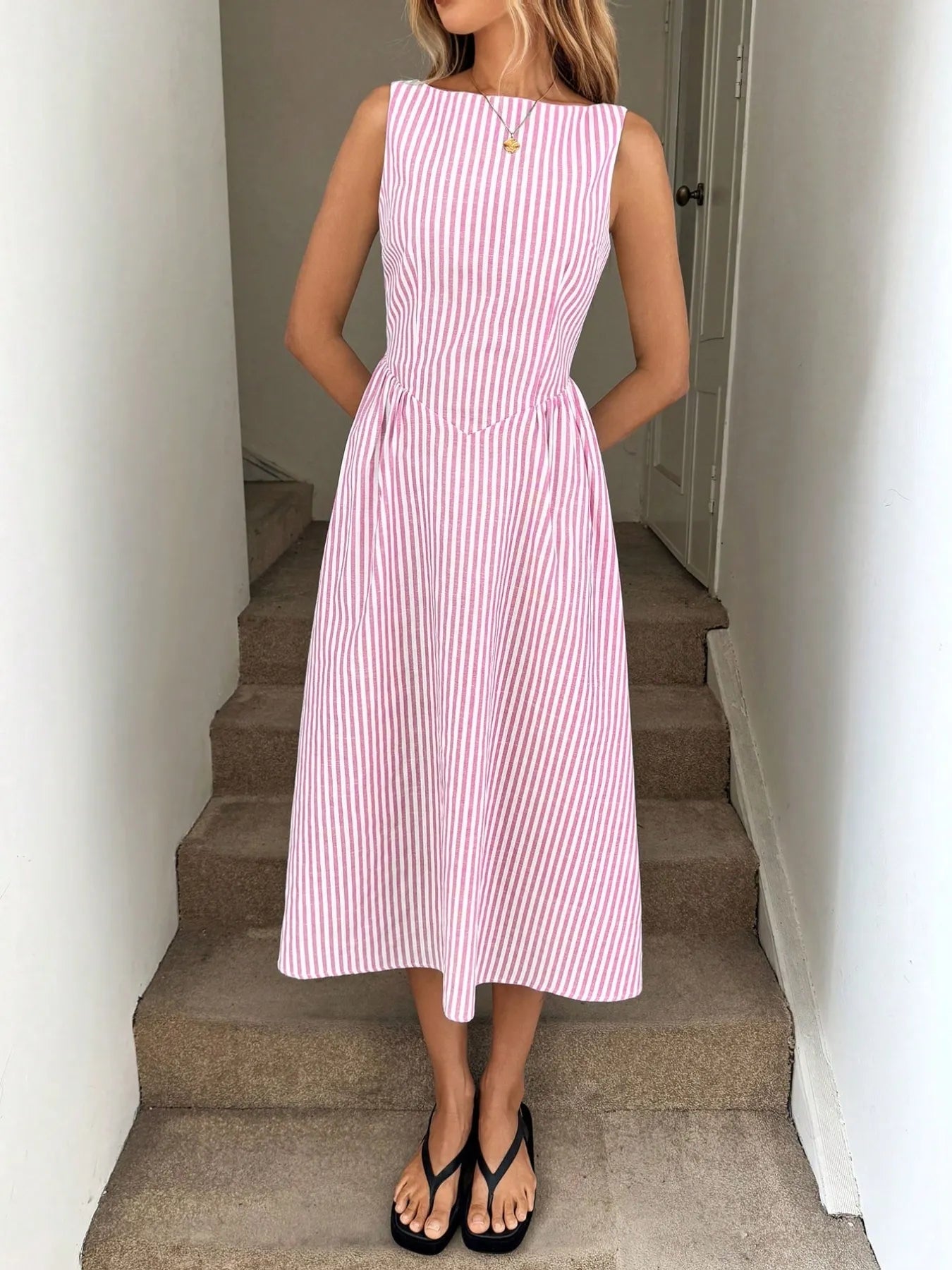 Sleeveless Striped Midi Dress - Velora