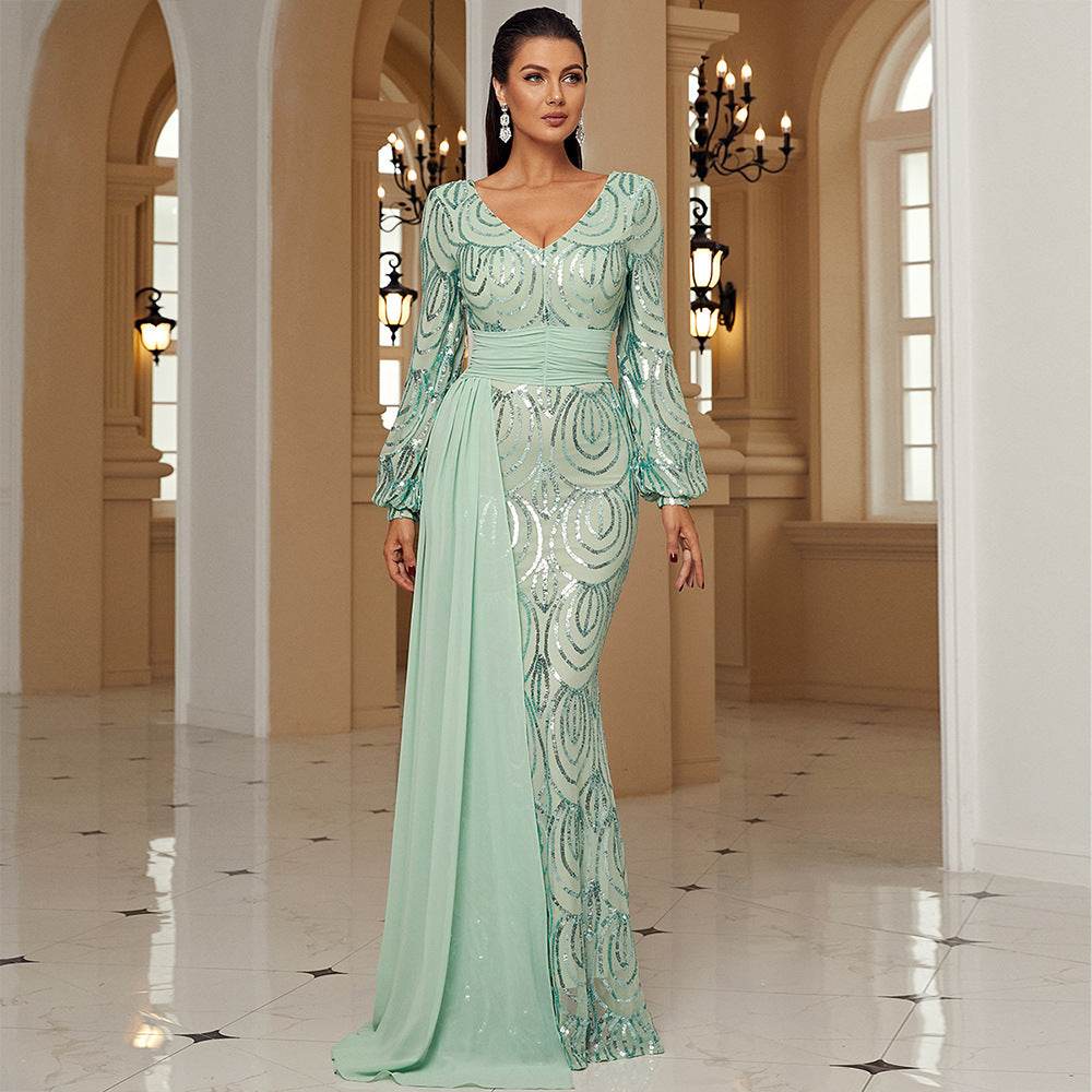 Long Sleeve Sexy Long Sequined V-neck Banquet Ribbon Evening Dress - Velora