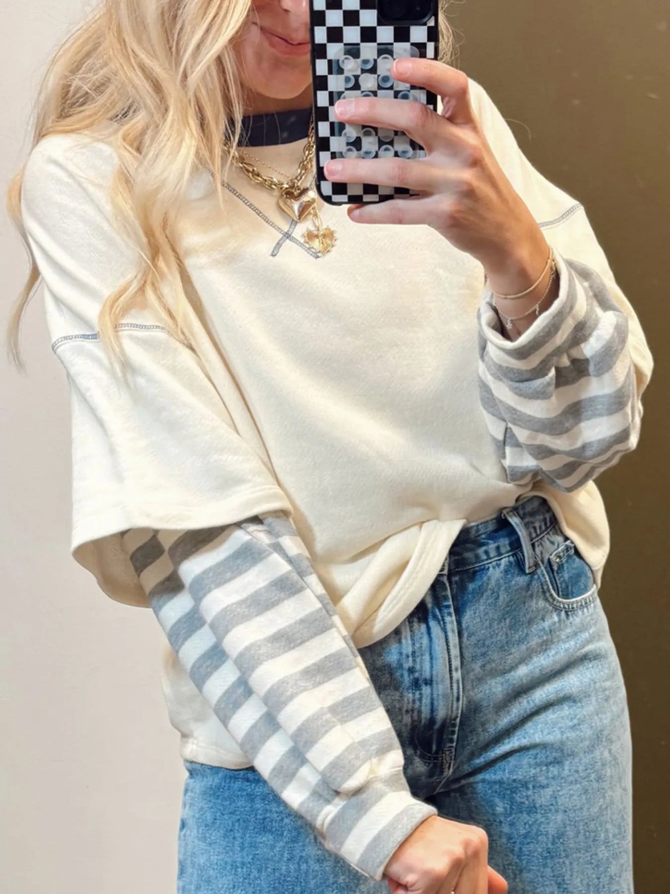 Striped Patchwork Long Sleeve Round Neck Two-in-one Top - Velora