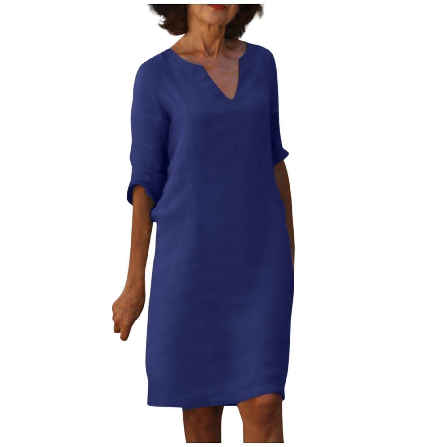 Cotton And Linen V-neck Dress Summer Stitching Retro High Waist Pure Color Dresses - Velora