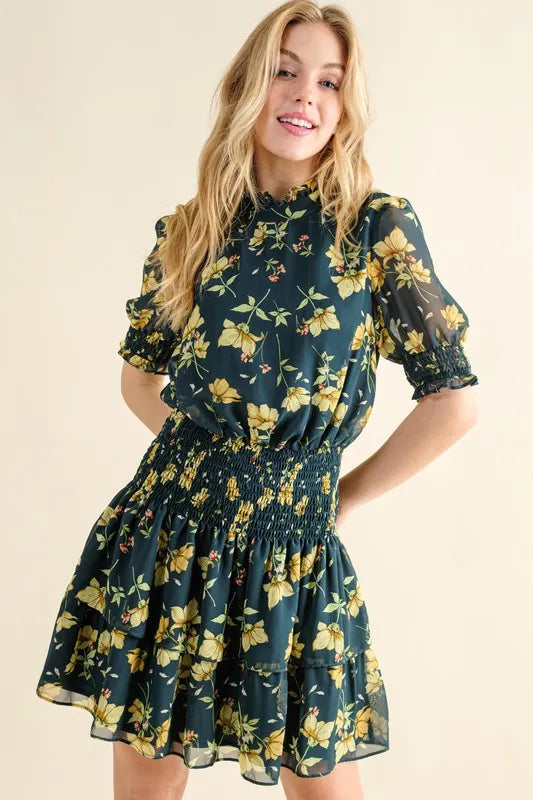 And The Why Floral Print Smocked Waist Mini Dress - Velora