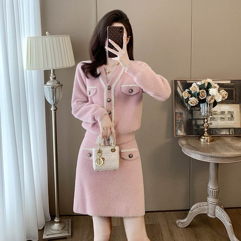 Cardigan Long Sleeve Knitted Two-piece Suit Skirt - Velora
