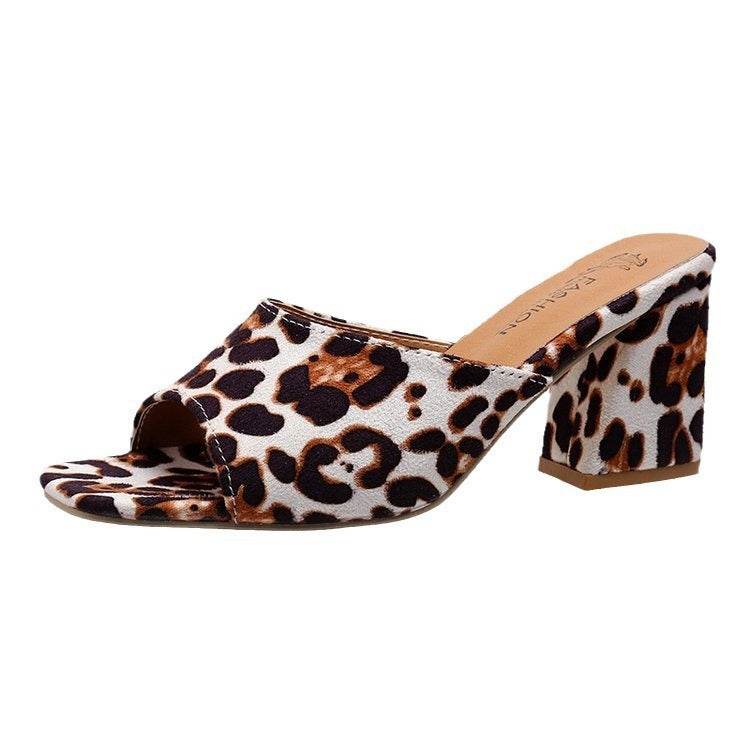 Leopard Square Toe Sandals Summer High-heeled Slippers Chunky Heel Shoes For Women - Velora