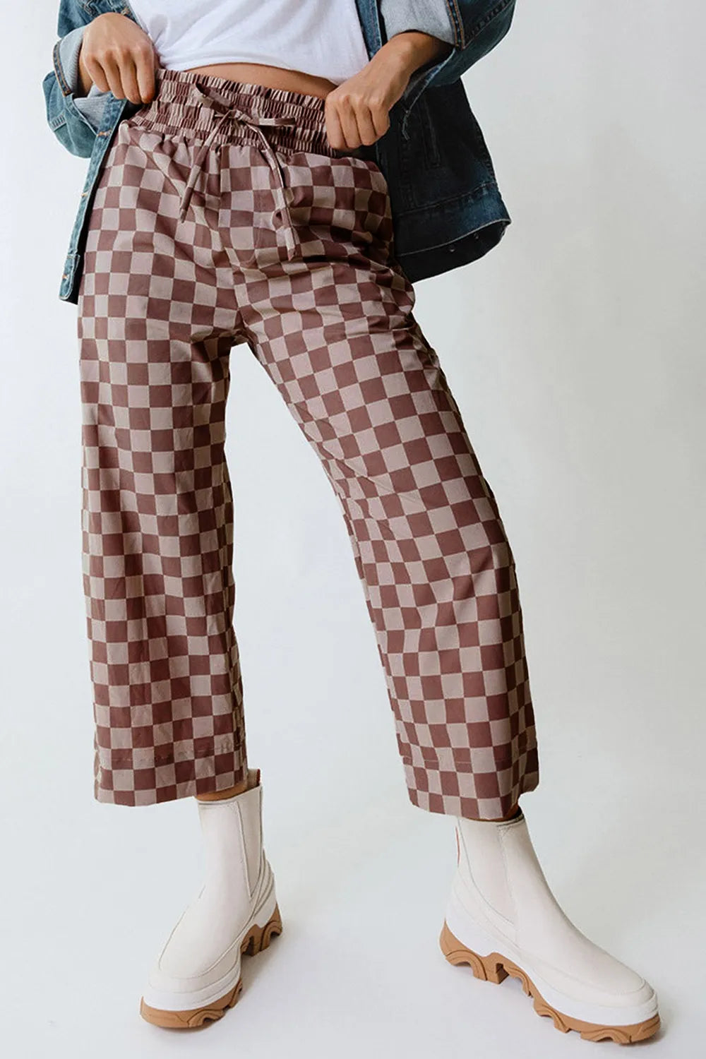 Checkered Elastic High Waist Loose Casual Pants - Velora