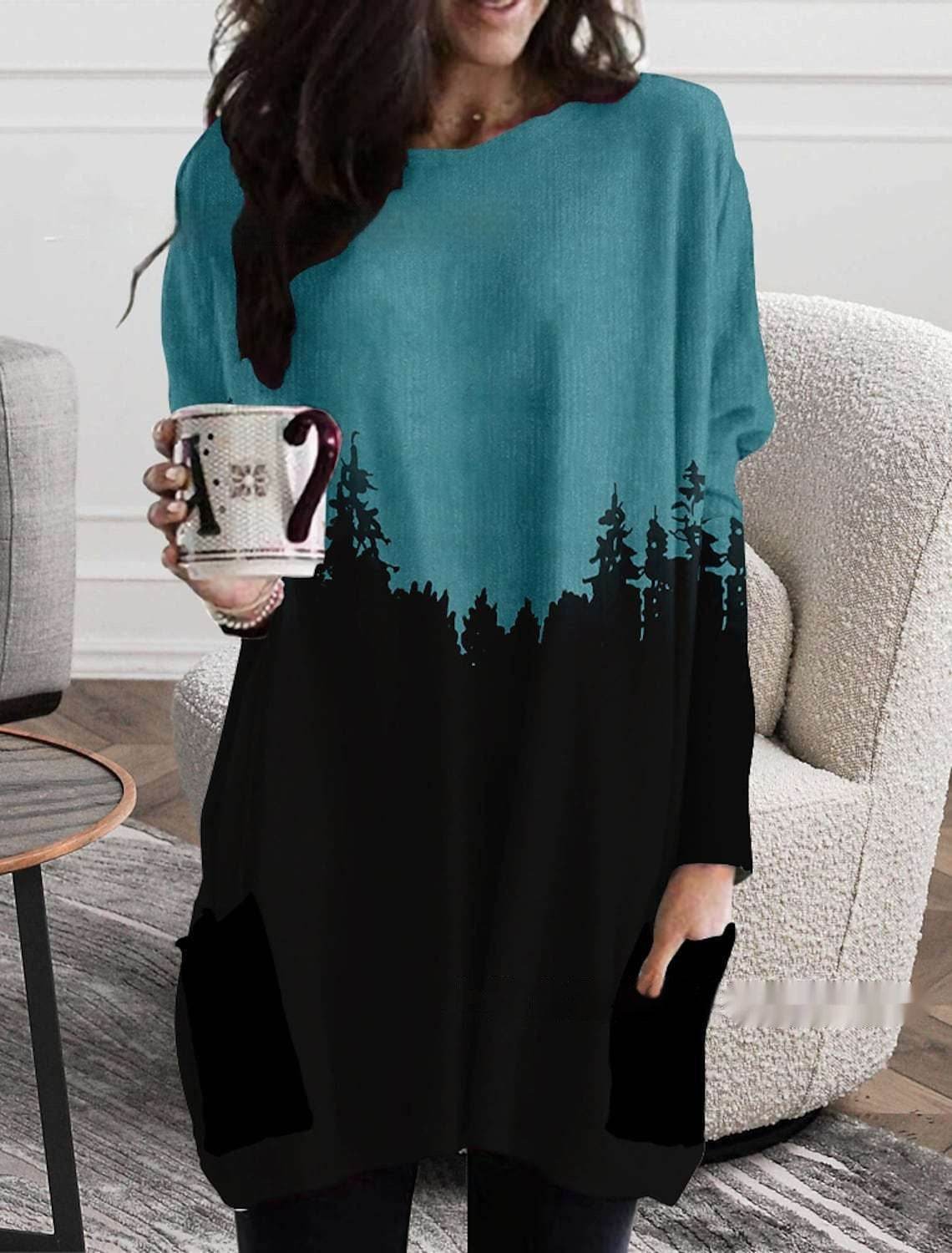 Women's Round Neck Mid-length Long-sleeved T-shirt With Pockets - Velora